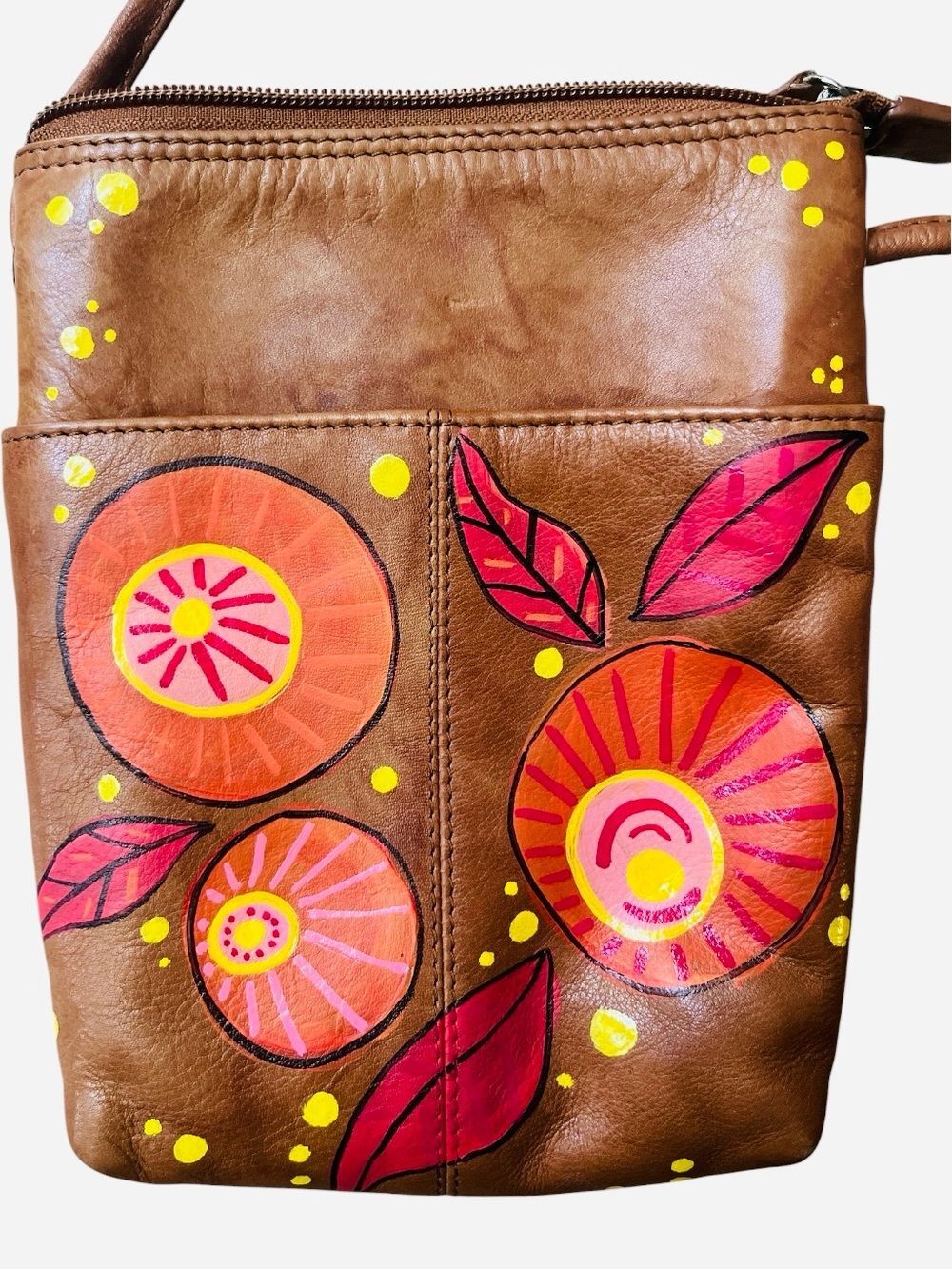 Hand-Painted Vintage Genuine Leather Crossbody Purse One of a Kind